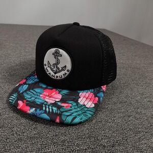 Wampum Hat Cap Snap Back One Size Black Floral Tropical Trucker Mesh Mens